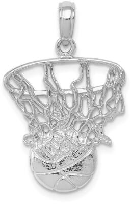 14K White Gold Swoosh Basketball and Net Pendant