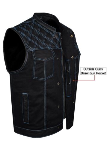 Biker Black Men's Motorcycle Leather Denim Blue Diamond Padding CLUB VEST® - Picture 4 of 5