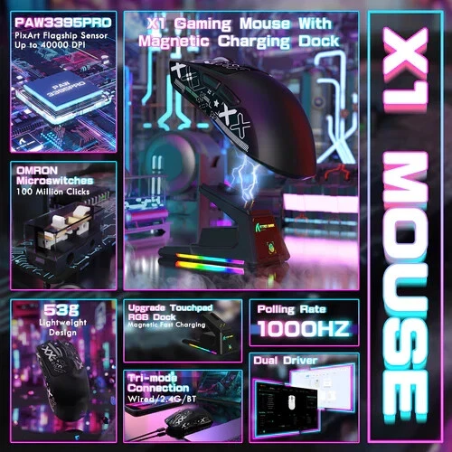 ATTACK SHARK X1 Tri-mode Gaming Mouse,  PAW3395PRO X11 UPGRADE Touchpad RGB Dock - Image 2 of 4