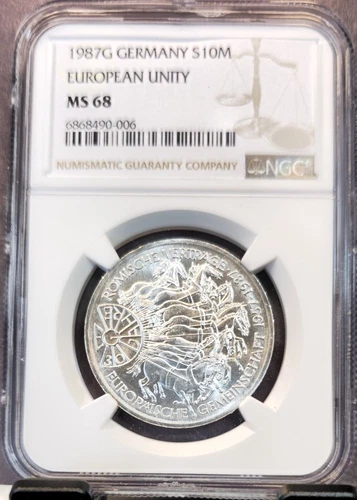 1987 GERMANY SILVER 10 MARK EUROPEAN UNITY NGC MS 68 RARE GREAT COLOR TONING