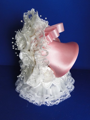 New Vintage "Bridal Bells " Wedding CakeTop, Pink satin bells #257 - Picture 5 of 8
