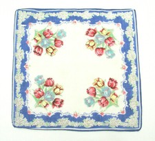 VINTAGE WOMEN'S 12 3/4" SQ. HANDKERCHIEF LOVELY MULTI-COLOR TULIPS BLUE BORDER