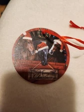 NEW Round Ornament Three Horses W/Santa Hat Country Barn Themed