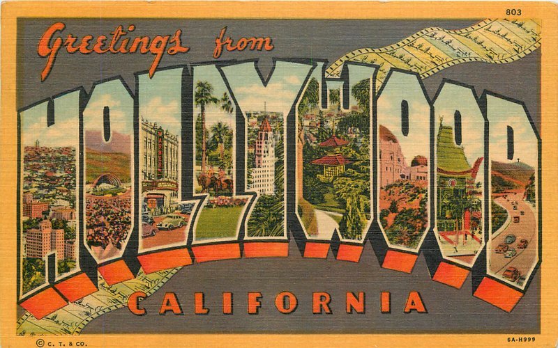 Hollywood California large letters multi view 1955 Postcard