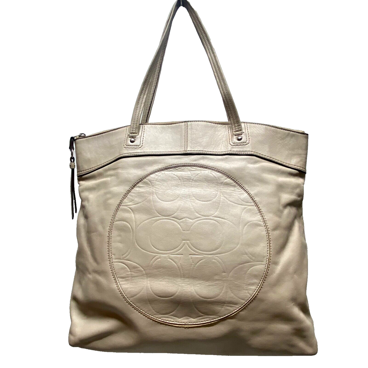 Coach Laura Signature Embossed Purse Large Taupe Beige Tan Leather Tote  F18336