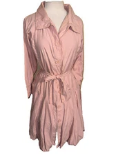 Ariella Full Button Long Fit & Flare Pink Solid Long Sleeve Belted Long Large