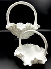 Fenton Hobnail Milk Glass Ruffled/Crimped 2 Handled Basket Lot: 8 inch & 5 Inch