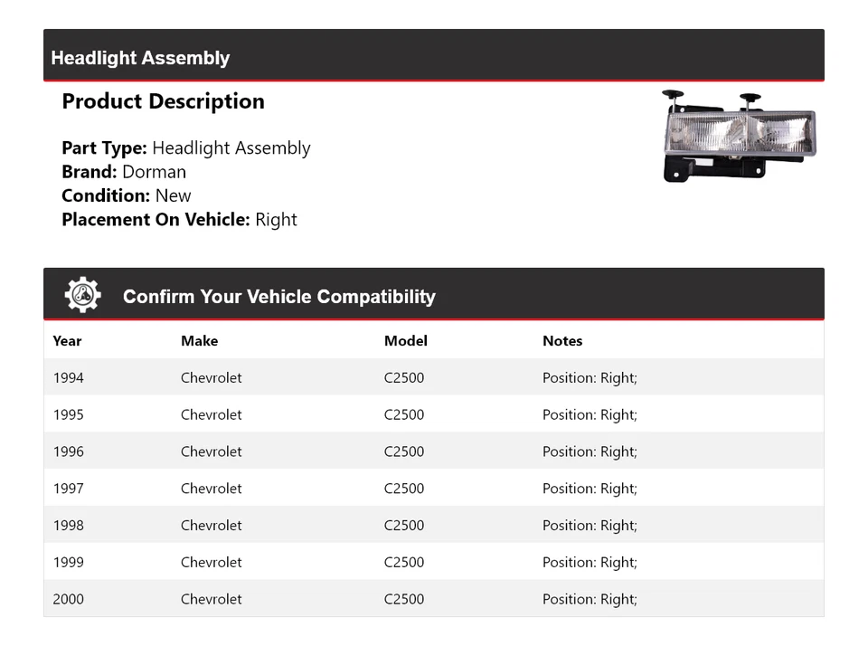 For 1994-2000 Chevrolet C2500 Dorman Headlight Assembly Right 1995 1996 1997 - Image 2 of 4