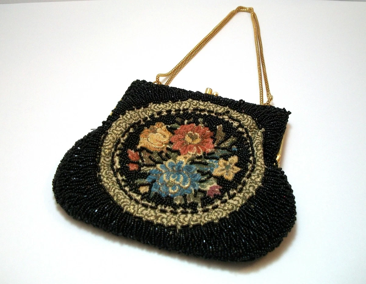 La Regale Vintage Black Beaded Purse Gold Chain Shoulder Strap