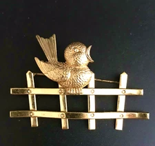 Forstner Singing Bird on a Fence Gold Plated Sterling Silver Pin Brooch Vintage