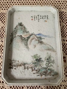 Antique Chinese Export Famille Rose Ceramic Porcelain Landscape Tea Tray Plate 