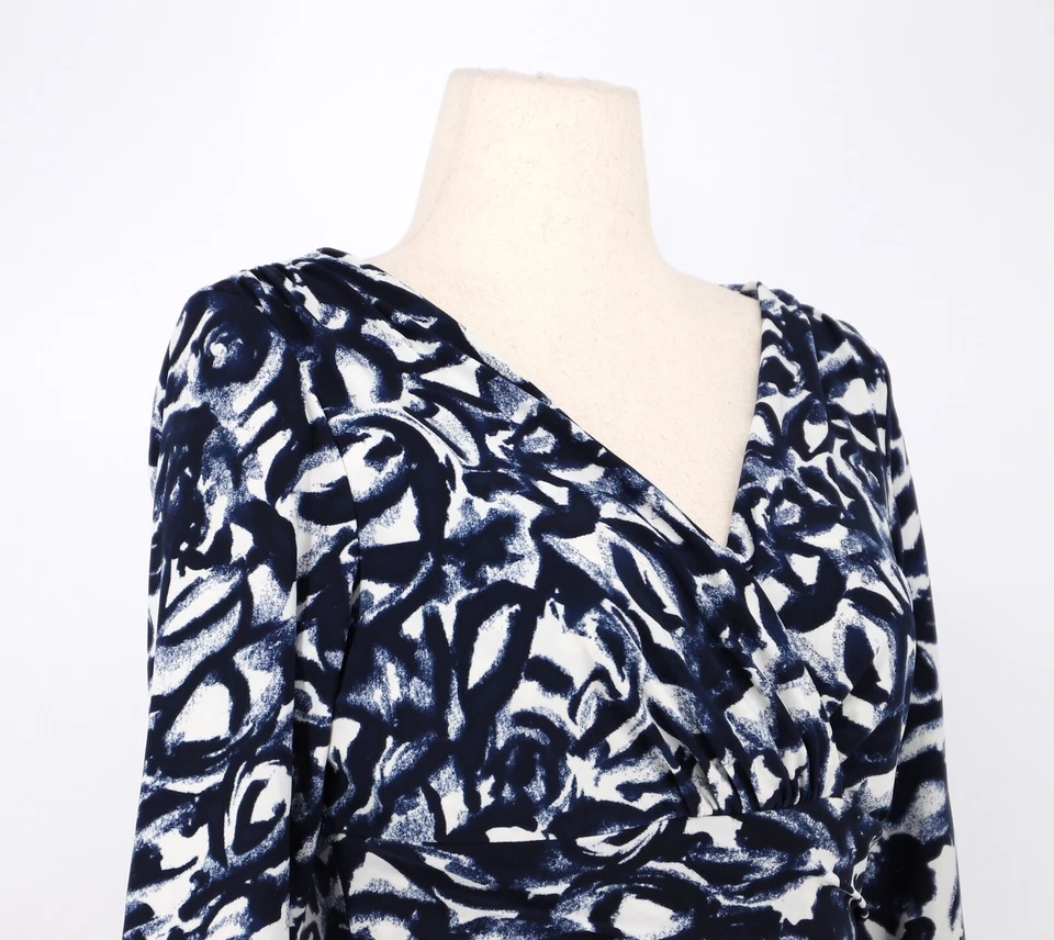 LAUREN RALPH LAUREN Slinky Stretch Blue Abstract Print Ruched Dress Size 12 - Image 3 of 4