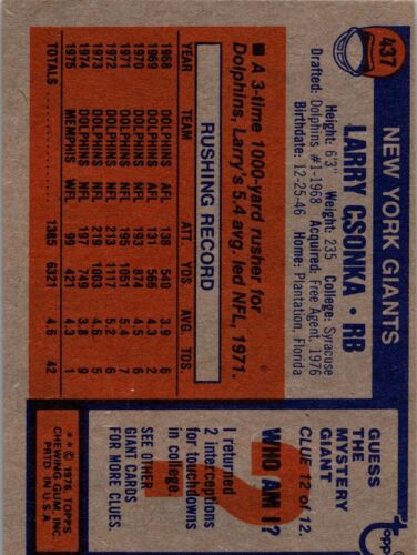 1976 Topps #437 Larry Csonka - Foto 2 di 2