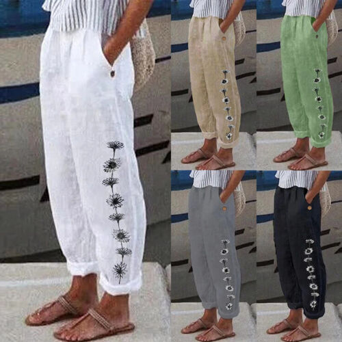 Summer Womens Printed Baggy Solid Casual Harem Pants Trousers Cropped Capri