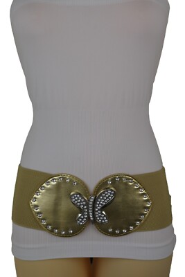 7677 Women Gold Wide Fashion Belt- Elastic Waistband Faux Leather Butterfly Amazon.com: Women Gold Elastic Fashion Wide Belt Waist Hip  main image 2
