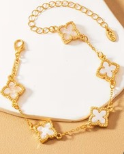 Gold White Clover Charm Bracelet Adjustable Dainty Jewelry Elegant Women Gift