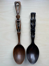 Set of 2 Carved Ifugao Tribal Ceremonial Wooden Serving Spoons Brown & Black