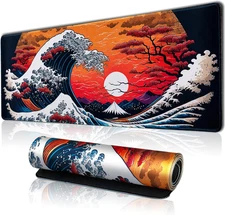 Japanese Sea Waves Large Gaming Mouse Pad for Desk, Desk Mat with Seamed Edges, 