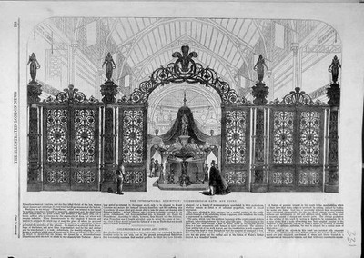 Original alter antiker Druck 1862 Colebrookdale Gates Court Ausstellung Gusseisen
