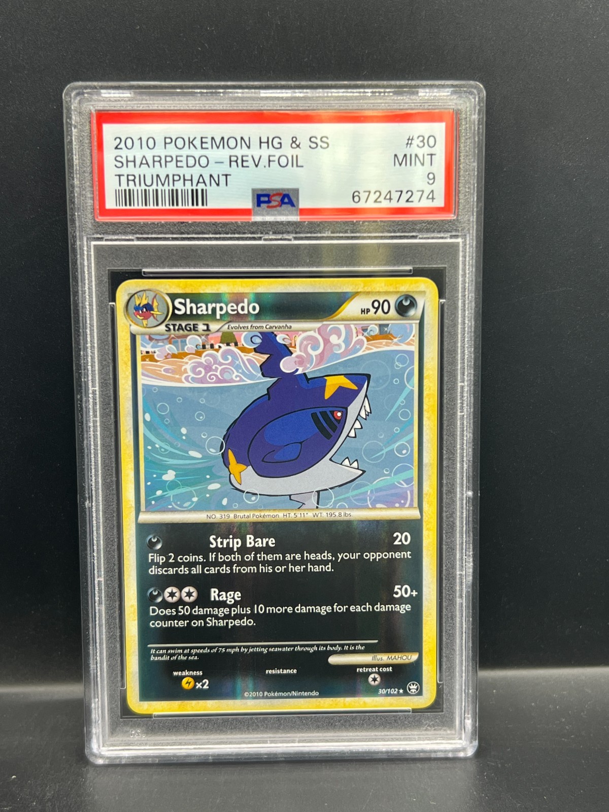 Pokemon PSA 9 MINT Sharpedo 30/102 Triumphant Reverse Holofoil 2010 S#7274