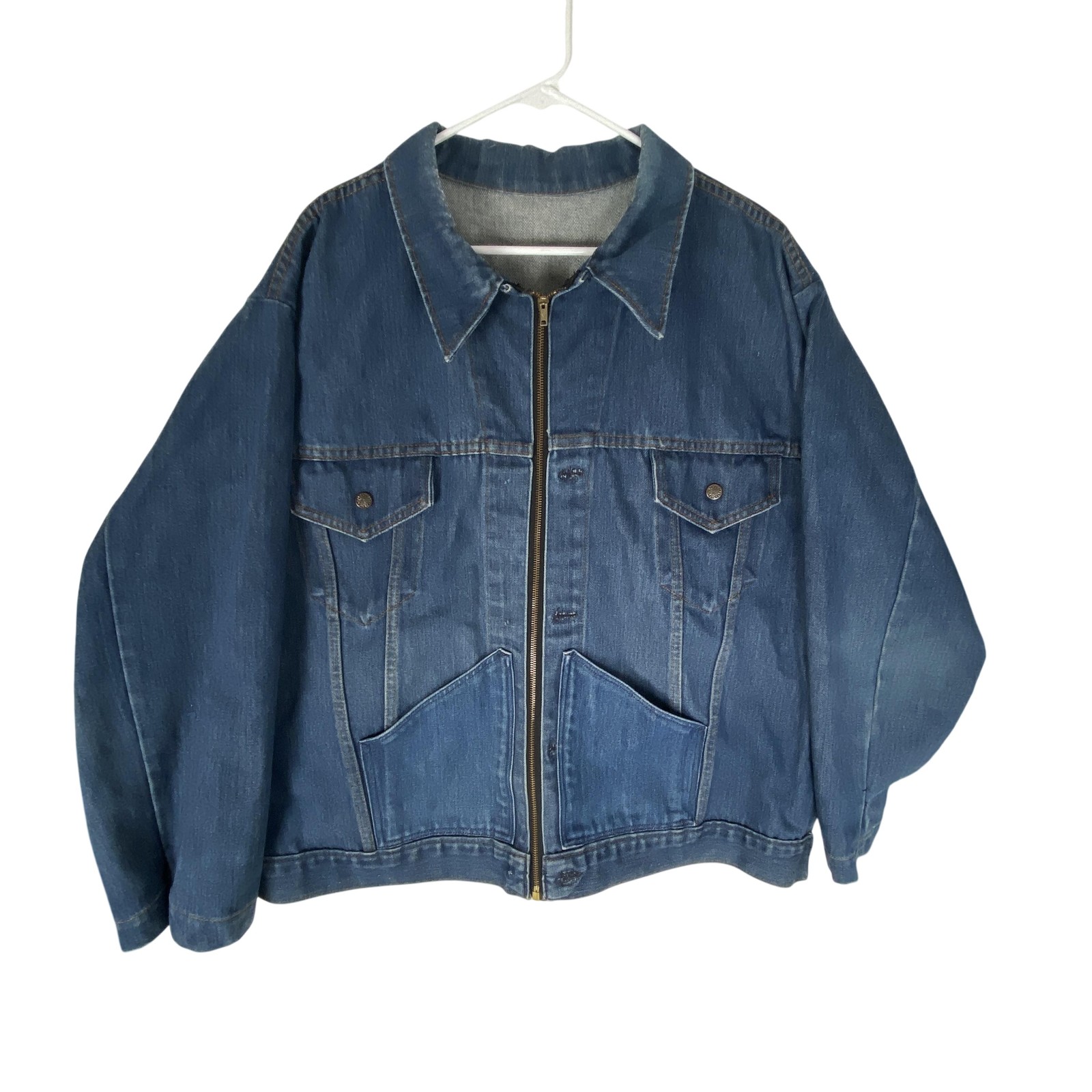 Denim Jacket Mens 2XL Blue Zip Front Pockets Trucker Workwear Casual Oversized-image