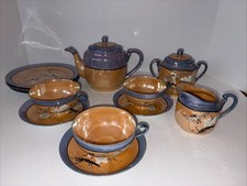 Japanese Luster Ware Tea Set 14 Pieces Hand Painted Iridescent Gold  Purple VTG