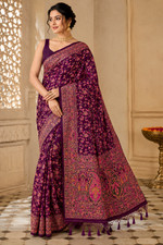 Deep Purple Pashmina Silk Saree, Kashmiri Floral Paisley Border, Indian Wedding