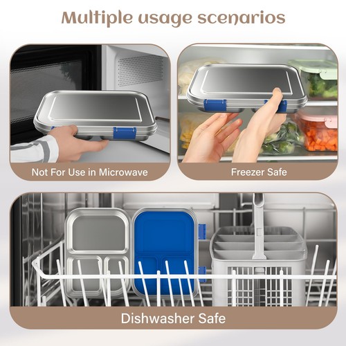 Stainless Steel Bento Box Kids, 3 Compartments Leak Proof Metal Bento Lunch B... - Picture 6 of 7