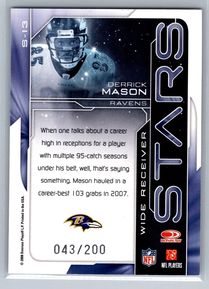 Derrick Mason 2008 Donruss Elite #S-13 Stars Black /200 - Image 2 of 2
