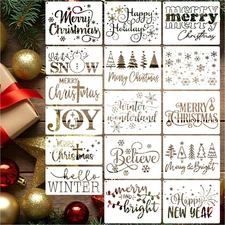 16 Pcs Merry Christmas Reusable Stencils for Painting On Wood Fabric Porch Decor