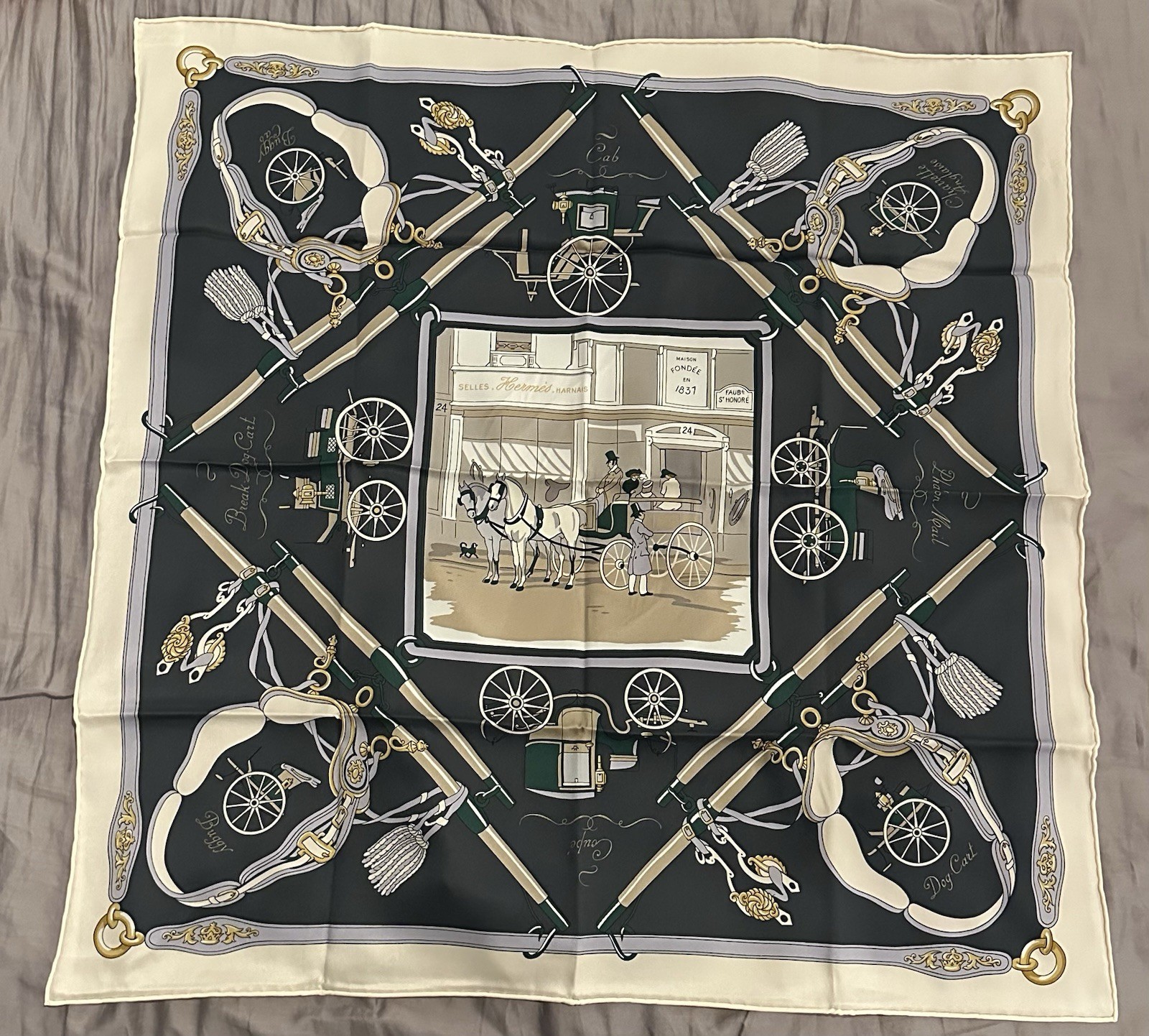Hermes Palonniers scarf 70 Cream Vert Dark Green