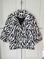Chicos Jacket 1 M 8 10 Black White Zebra 3/4 Sleeve Zip Snap Pockets Lined