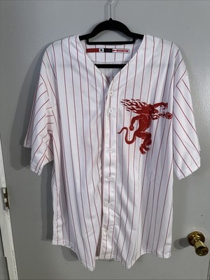 Fireball Whiskey Dragon Logo Pinstripe Baseball Jersey 66 Mens XL Promo Shirt