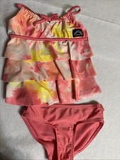 Justice Girls Tankini Swimsuit Pink Tie Dye 5/6 Lined Ruffles Logo 2 Piece Set