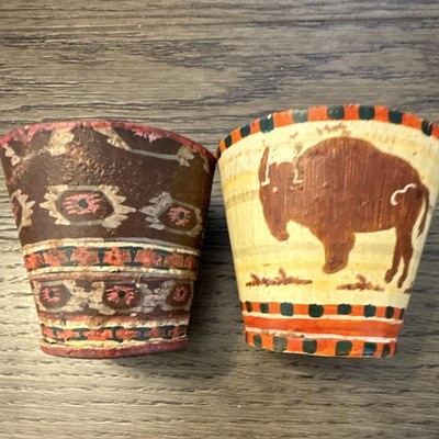 Vintage Copper Small Cups Hand-Painted Buffalo, Native American