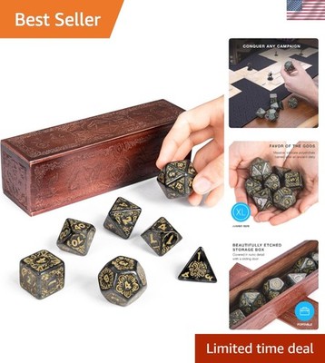 Complete DND Large Dice Set with Ornate Wooden Box for Tabletop Adventures