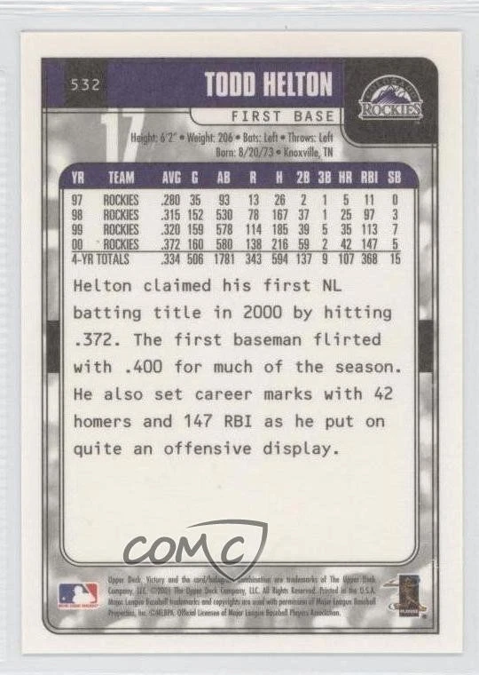 2001 Upper Deck Victory Todd Helton #532 HOF - Image 2 of 2