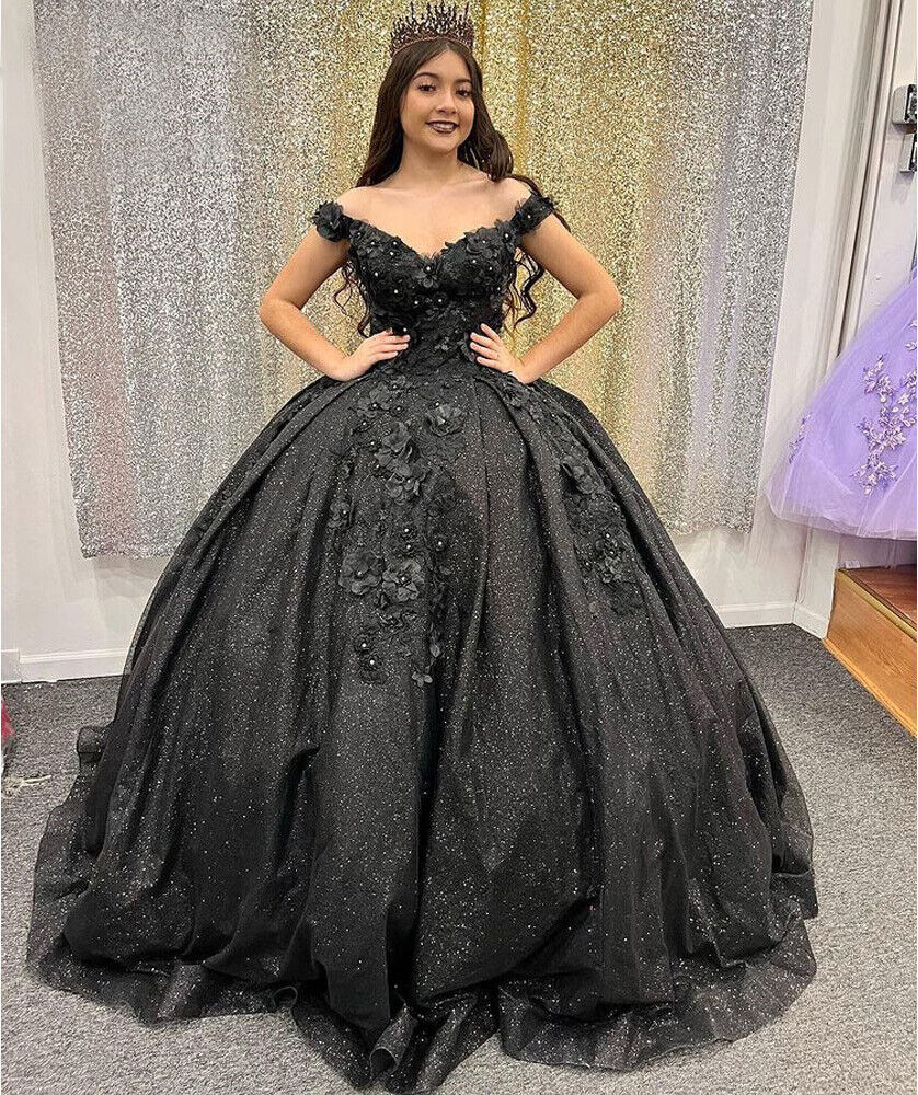 Starry Black Prom Dresses Ruffle Sleeves Ball Gown Princess Glitter Tulle  Party Evening Prom Gowns Corset Back - AliExpress