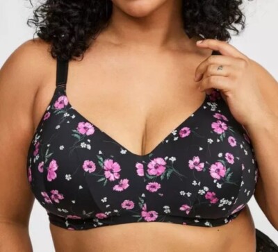 TORRID DREAM WIRE FREE BRA VIBRANT STEM FLORAL BLACK SZ 52C