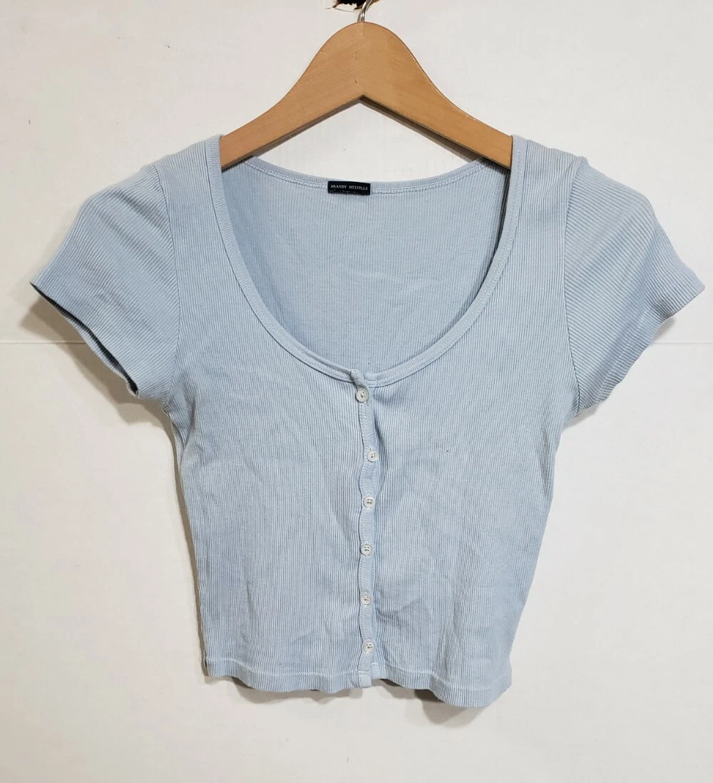 BRANDY MELVILLE WOMEN'S CAP SLEEVE BUTTON UP RIB T-SHIRT BLUE ONE SIZE