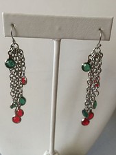 HOLIDAY CHRISTMAS DROP DANGLE EARRINGS GREEN RED SPARKLY SILVER TONE