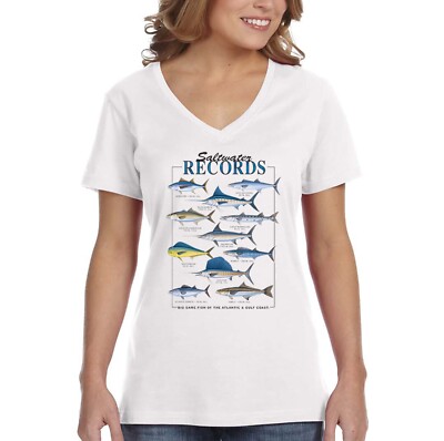 XtraFly Apparel Women's Saltwater Records Albacore King Mackerel V-neck T-shirt