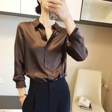 Womens Satin Silk Plain Shirt Ladies Casual Baggy Button-up OL Work Blouse Tops