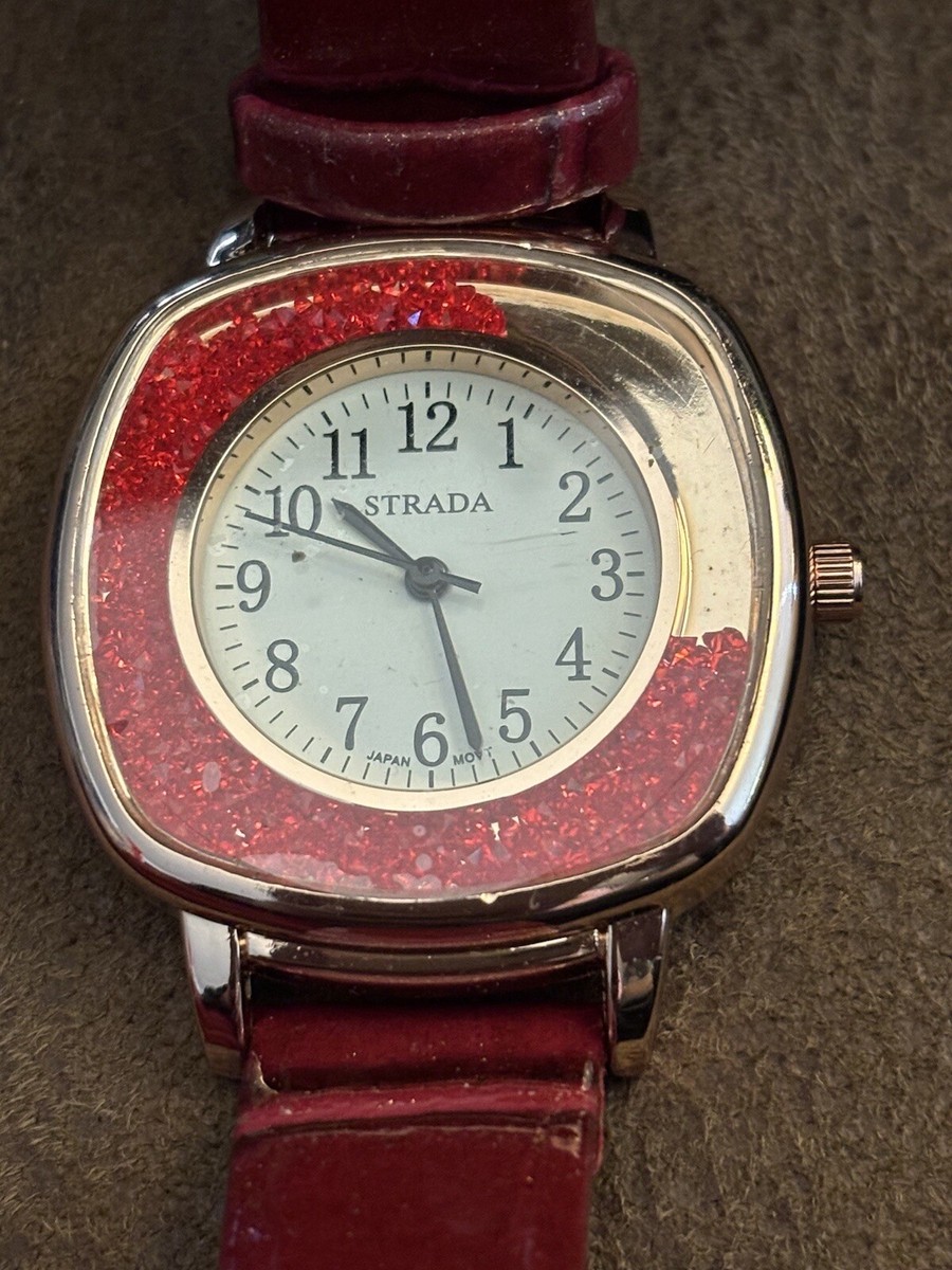 STRADA Japanese Movement Red Crystal Watch with Wine Red Faux
