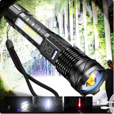 Torcia Tascabile LED Ricaricabile, Potente, In Alluminio Nero, Per Camping E Uso Tattico