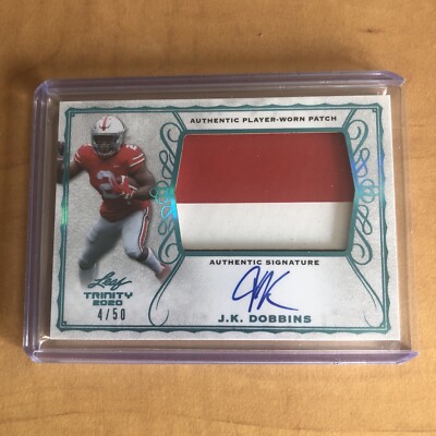 JK Dobbins 04/50 RPA Leaf Trinity on card auto 2020