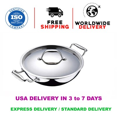 Bergner Triply Stainless Steel Wok Kadhai With Lid 32 cm 5.8 Ltr Induction Base