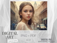 Girl Portrait, Street City Digital AI Art, Wall, Poster, Print, Home Decor