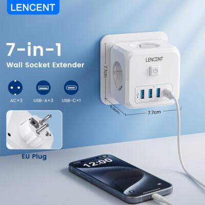 Lencent Steckdosenverlängerung mit 3 AC Steckdosen 3 USB Ports und 1 Typ C 7-in-1 EU