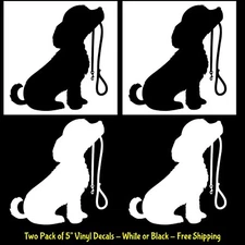 Walk? Cute dog with leash Two 5" Vinyl Decals Black or White Car Truck Window